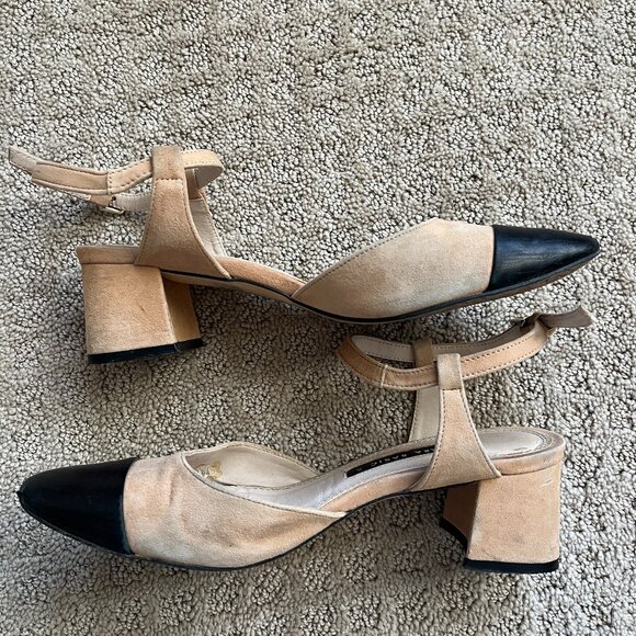 Zara Leather Slingback Block Heel Pump Strappy Beige Black Designer Size 6.5